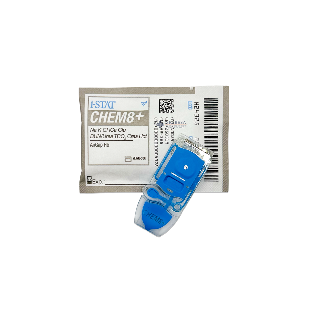 Cartucho i-STAT CHEM8+ (Química 8) Creantinina, Glu, iCa, Hct, Cloro, Na, K, BUM, Co2 Total, Hgb, GAP