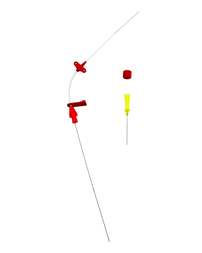 Set con Catéter Arterial hidrófilico, de Poliéter Amida, con alas de estabilización, aguja introductora y guía con punta blanda de 18Ga x 8 cm.