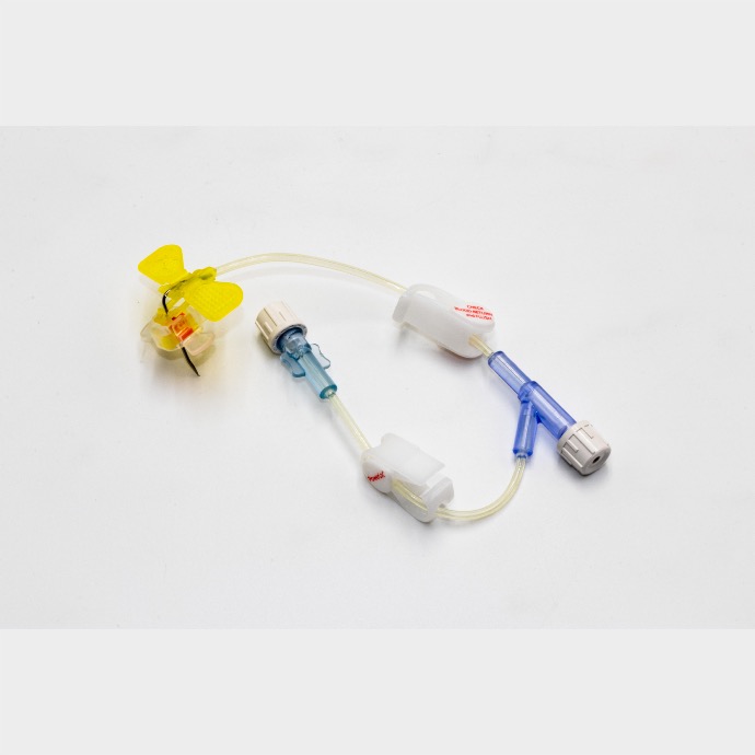 Aguja angulada para infusión PowerLoc 20Ga 3/4" (1.9cm.) Con extensión y sitio de inyección secundario